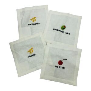 Archipelago Nina Ramsey Embroidered Cocktail Napkins Cherry Linen Humor Bar NYE